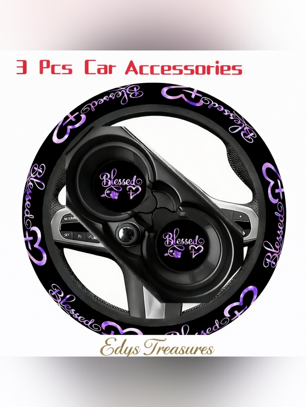 3 Pc Blessed Car Set – Steering Wheel Cover & Cup Holder Coasters NWOT